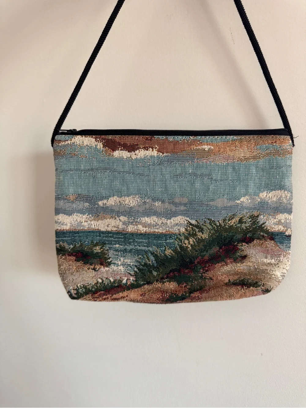 Vintage Tapestry Coastal Scene Crossbody Bag